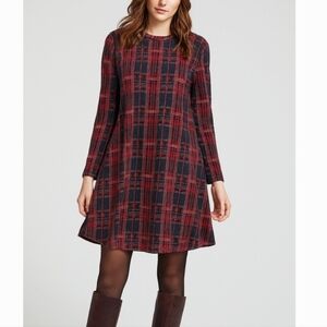 BCBGMAXAZRIA Jeanna Maroon Navy Lightweight Plaid Long Sleeve A-Line Dress, L